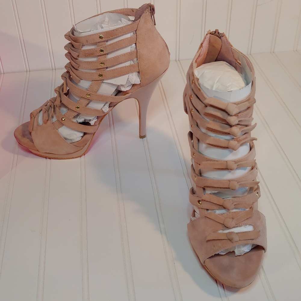 Betsey Johnson Tinaaa Nude Suede Platform Open Toe Heels size 10